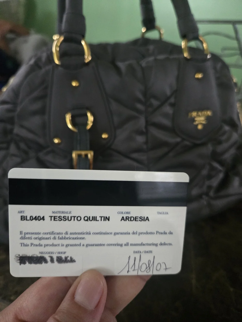 PRADA Quilted Nylon Satchel Bag in Gray with Gold Hardware